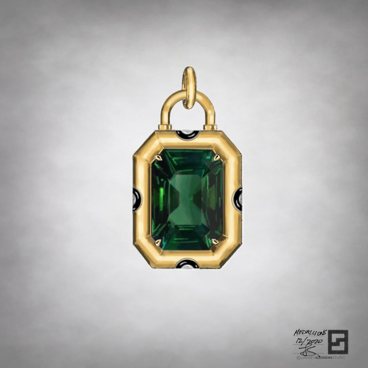 art deco pendant necklace with green tourmaline deco padlock medallion in 18 karat gold with black enamel