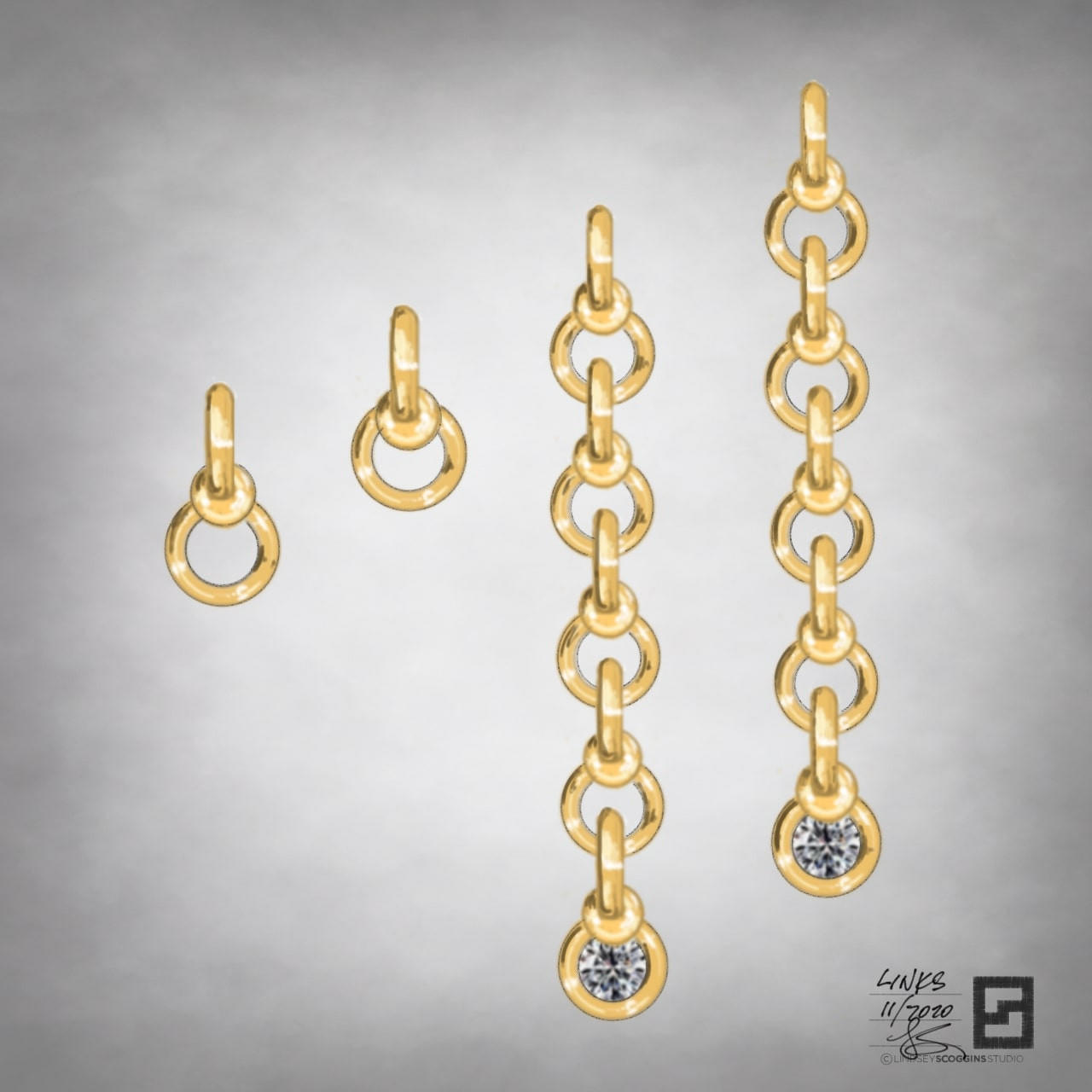 twisted infinity ball and chain link earrings in 18 karat gold with diamonds