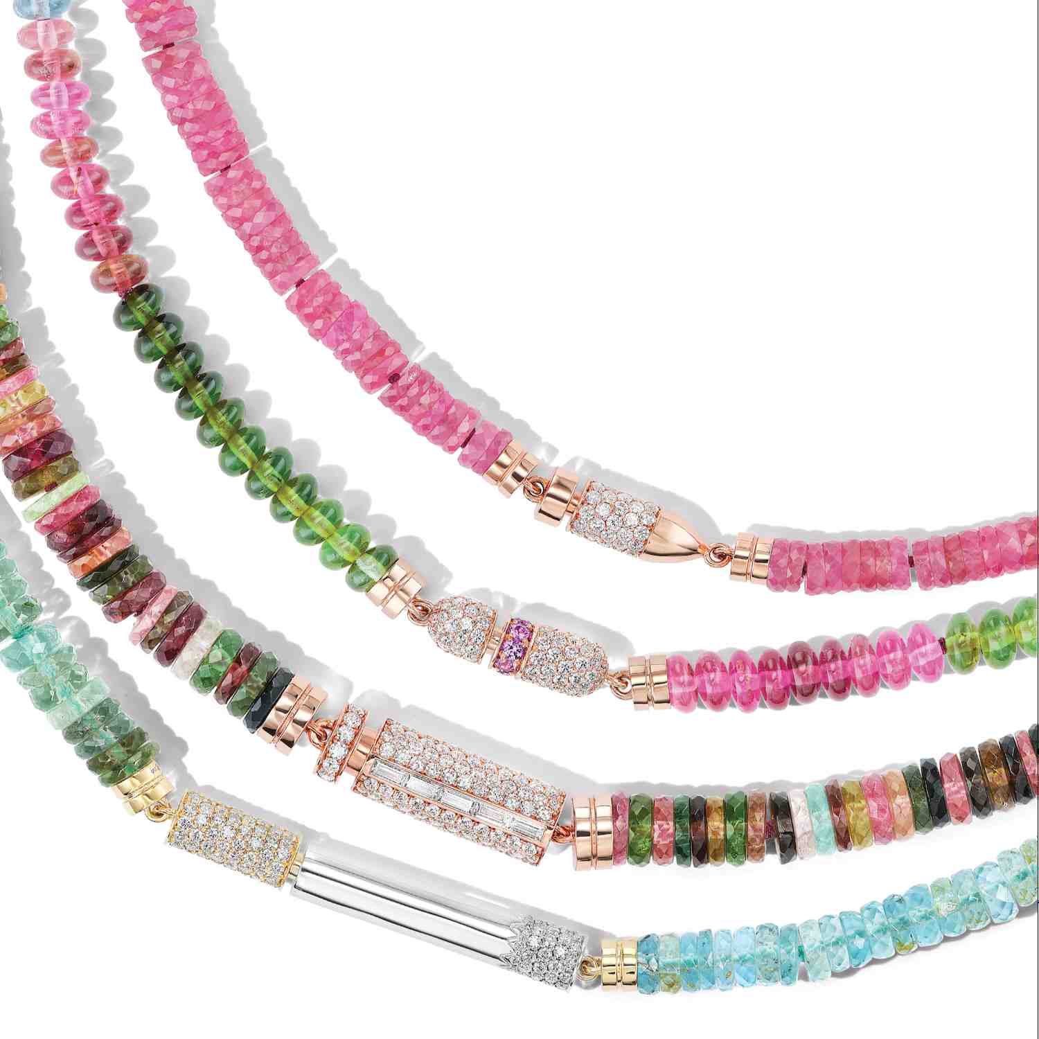 Colorful tourmaline bead necklaces with pavé and gold clasps in a bright, detailed collage