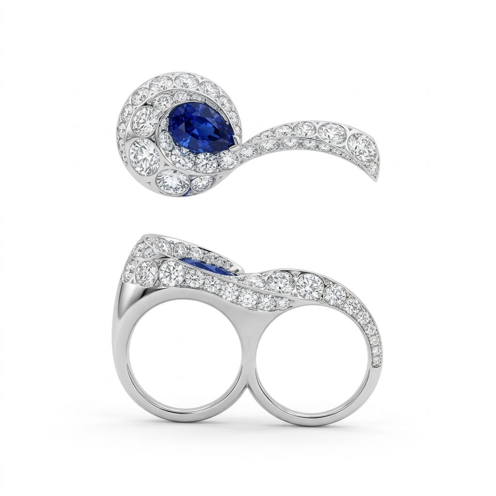 SAPPHIRE AND DIAMOND DOUBLE FINGER WAVE RING