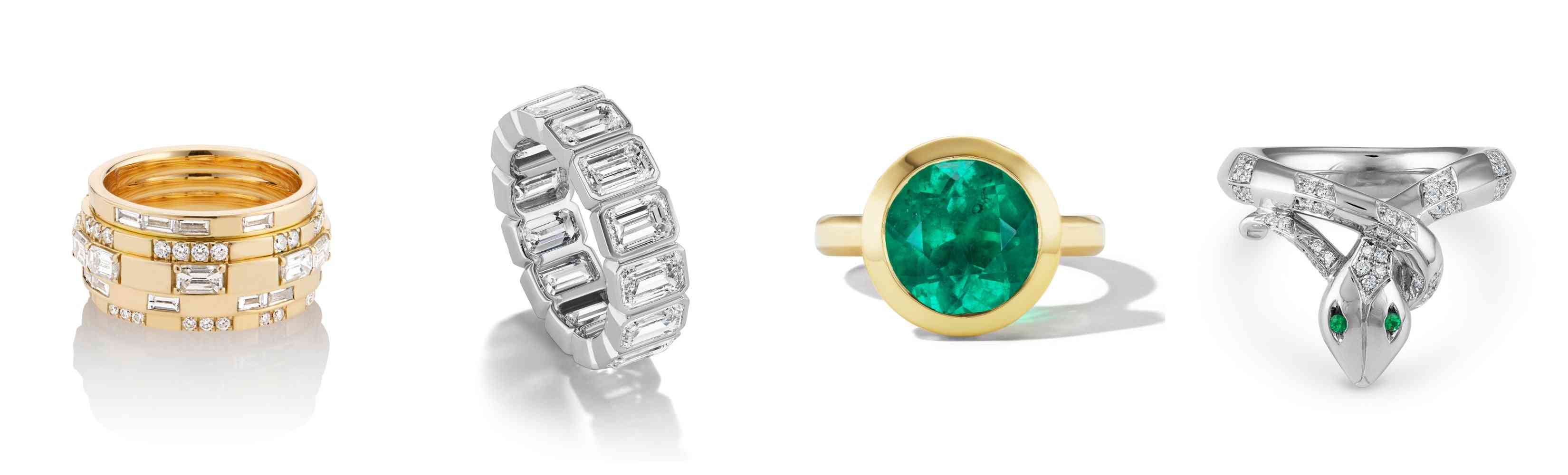 Collage of diamond stacking bands, an emerald-cut eternity ring, a bezel-set emerald ring, and a diamond snake ring.
