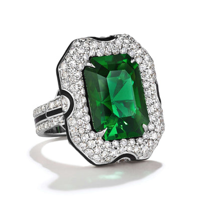 Art Deco ring with an emerald cut green tourmaline set in platinum with pave diamonds and black enamel