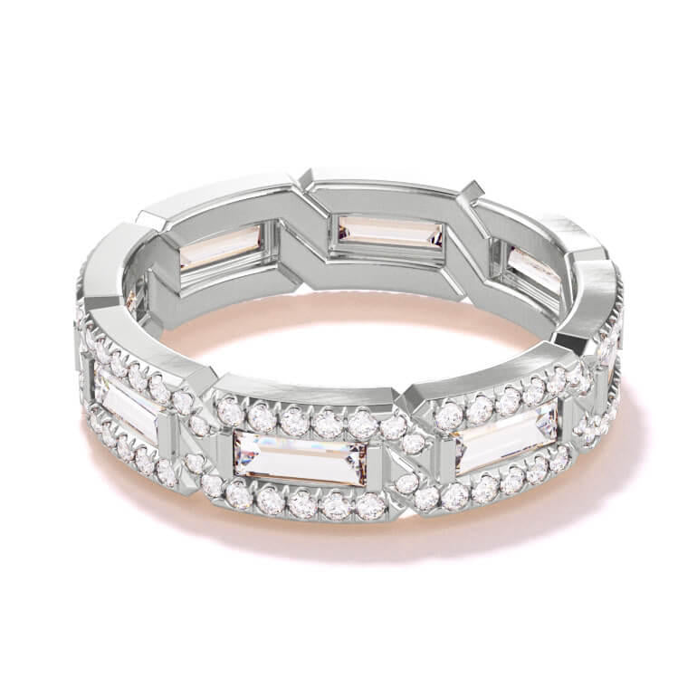 Baguette and round diamond ring pave 8 link band in platinum