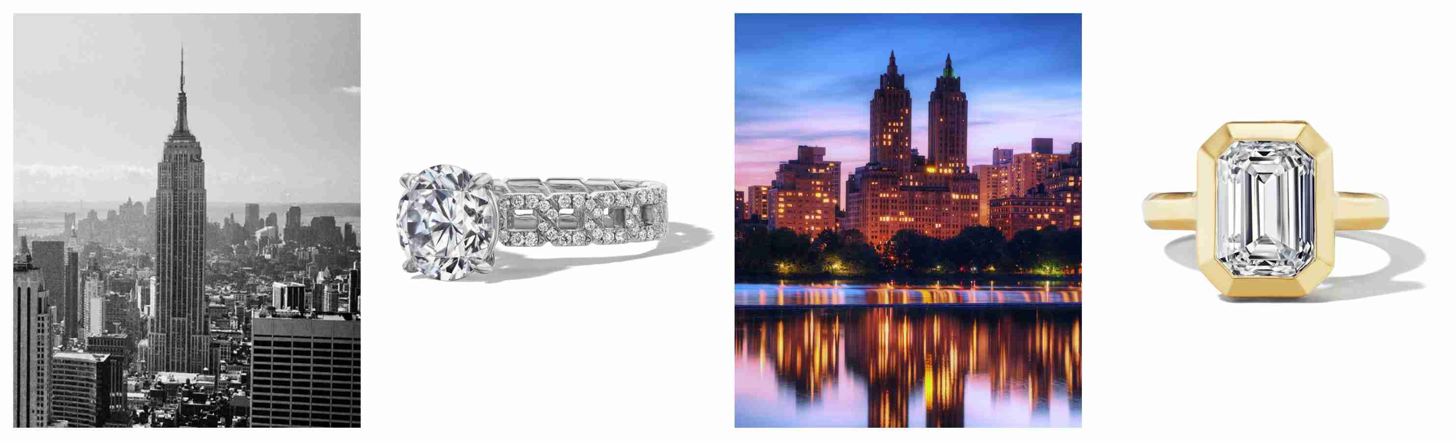 Collage of the Empire State Building, a platinum ring, a New York skyline at dusk, & a yellow gold emerald-cut diamond ring.