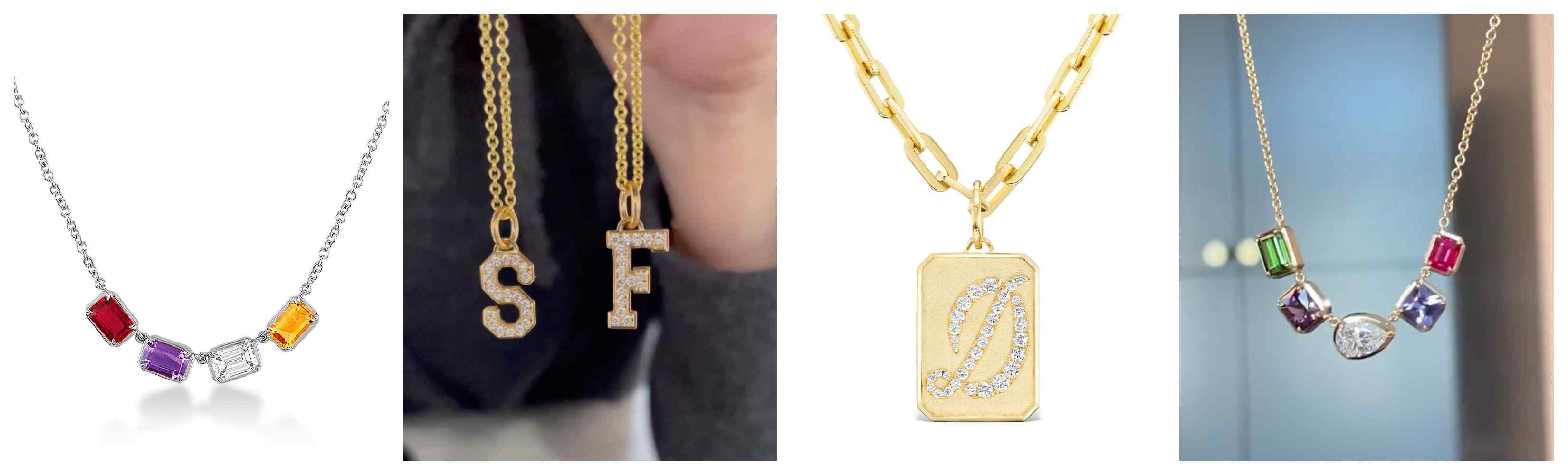 Collage of personalized yellow gold necklaces with gemstones and initial pendants accented with pavé diamonds.