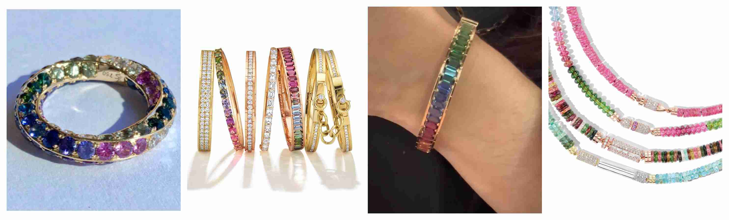 Colorful jewelry featuring multicolor bracelets, gemstone necklaces, and vibrant wedding bands.