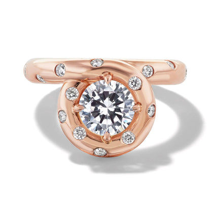 Endless Loop confetti ring with burnished diamonds in 18k rose gold; unique halo engagement ring