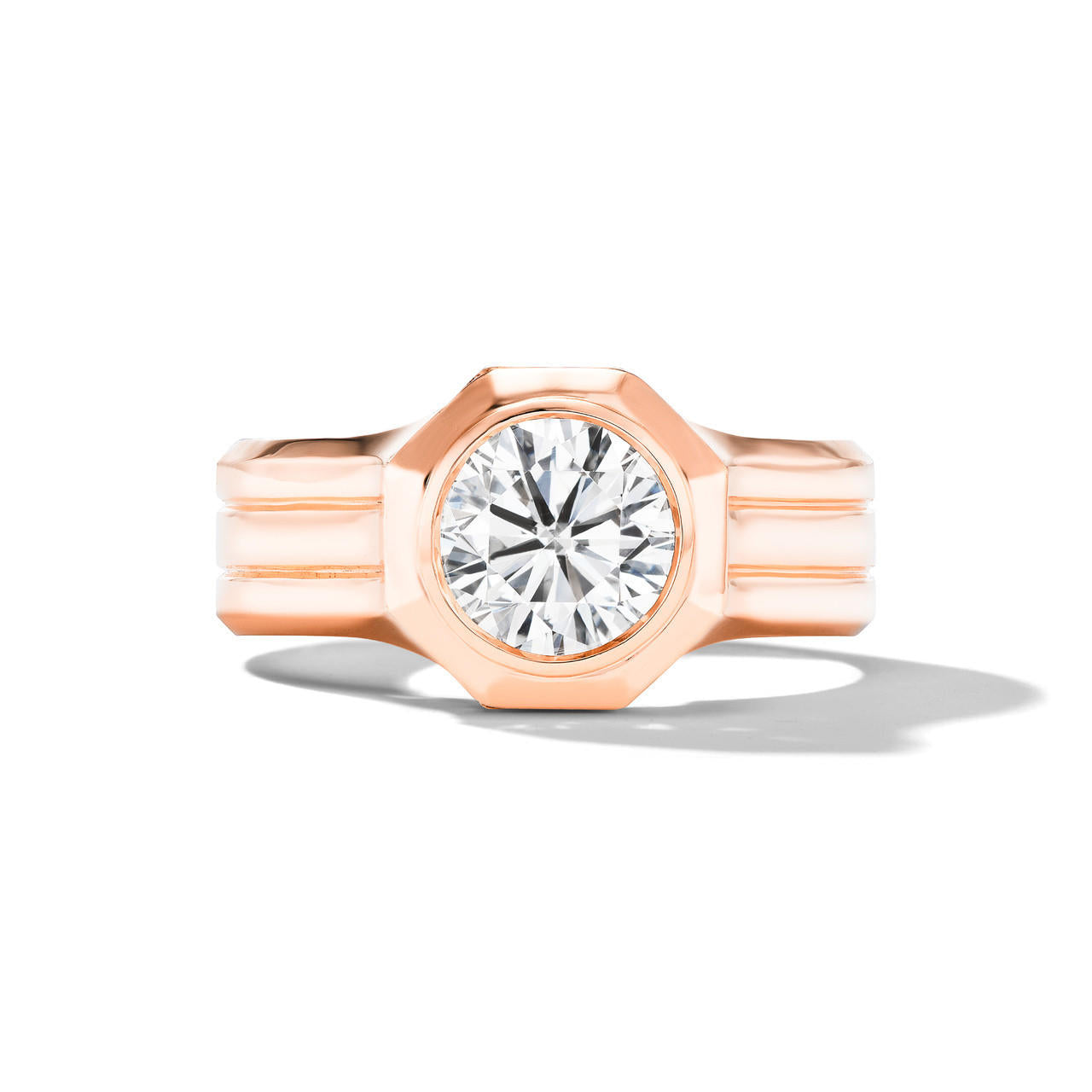 SHIELD OCTAGON ROUND DIAMOND ENGAGEMENT RING WITH A TRIPLE BAND IN 18K ROSE GOLD