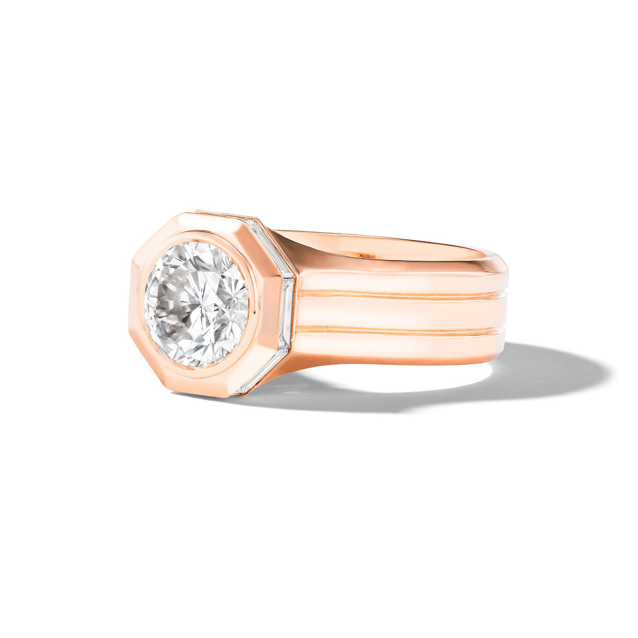 shield octagon round diamond engagement ring with a triple band in 18k rose gold