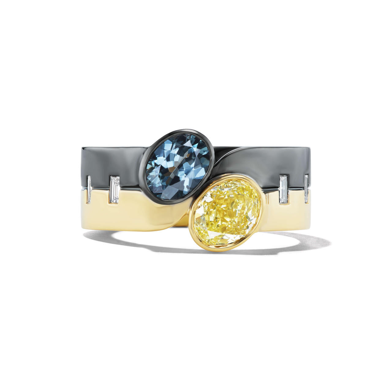 Yellow diamond and grey spinel toi et moi ring