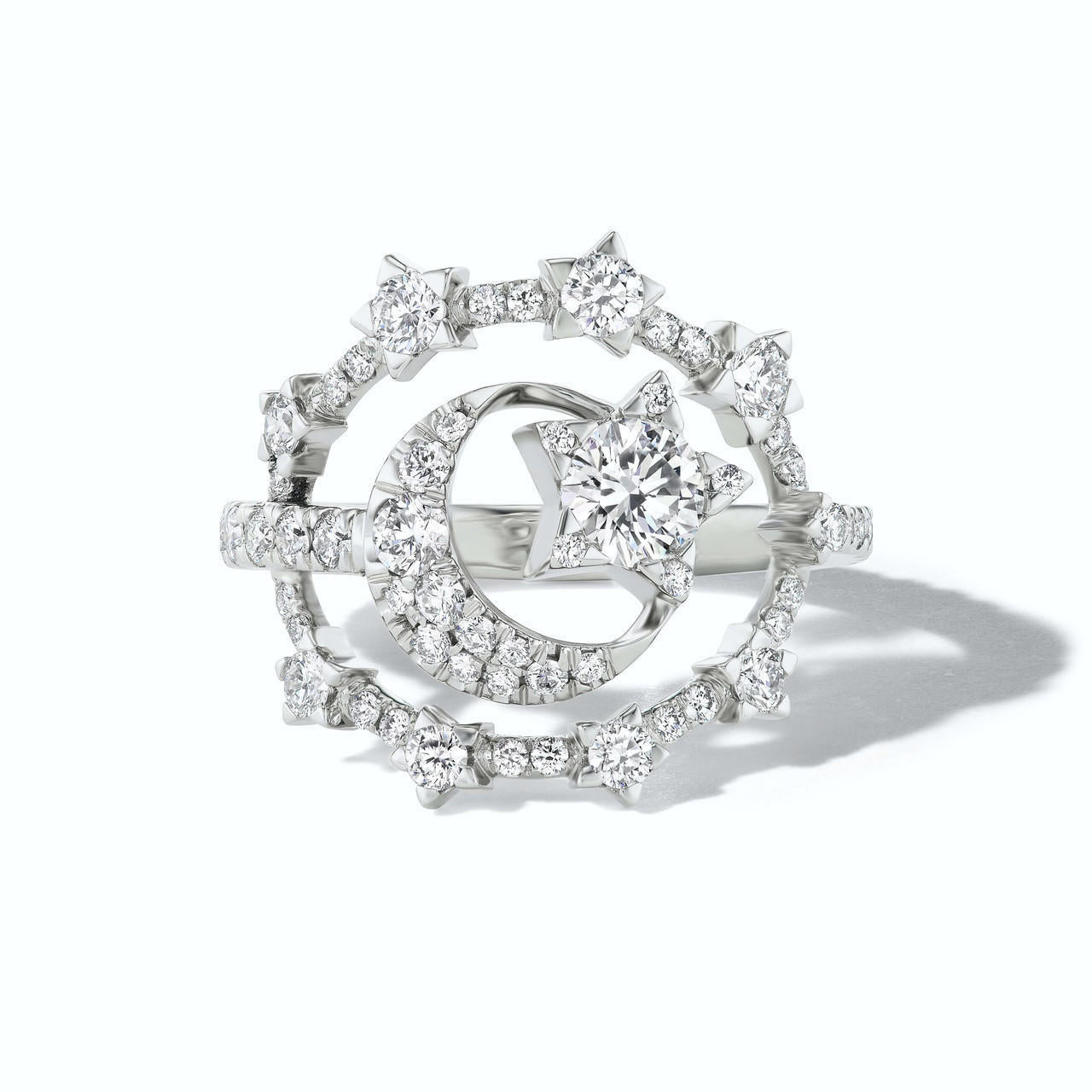 diamond and gold star and moon ring in white gold