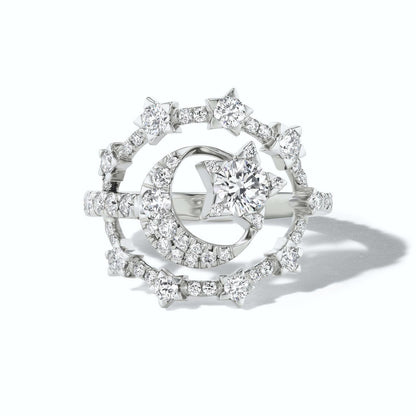 diamond and gold star and moon ring in white gold