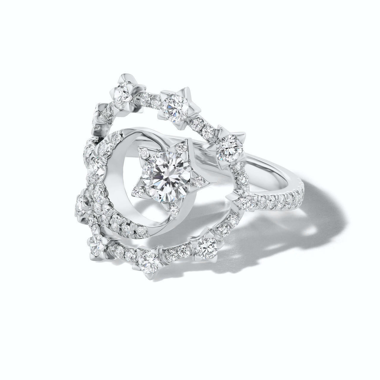 diamond and gold star and moon ring in white gold