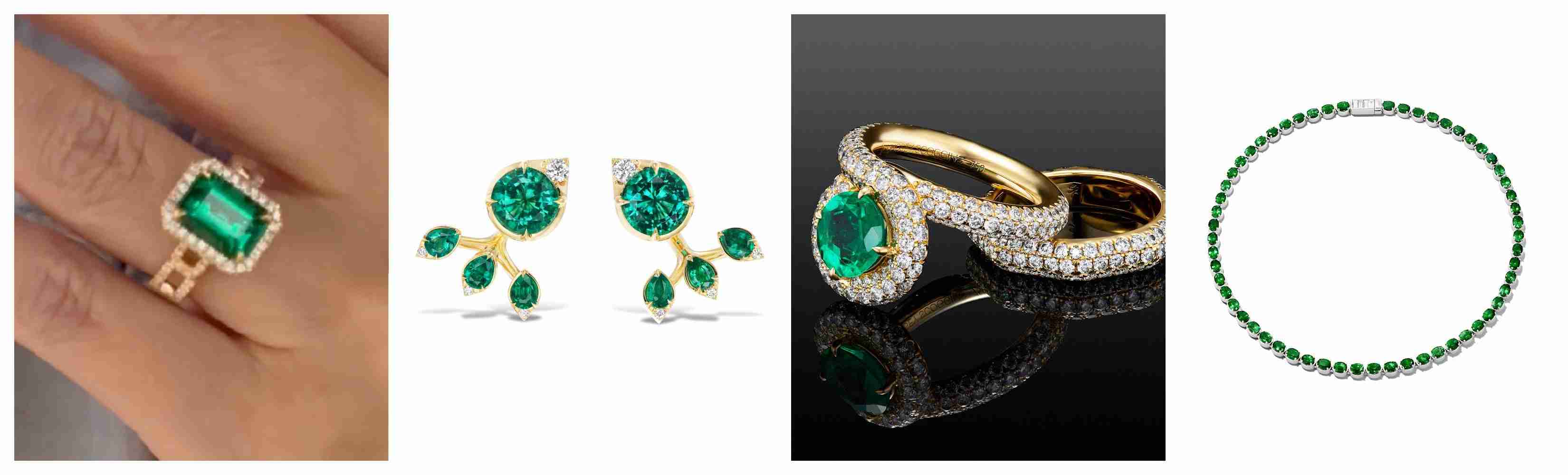 Collage of emerald jewelry including a ring, earrings, another emerald ring, and a gemstone necklace.