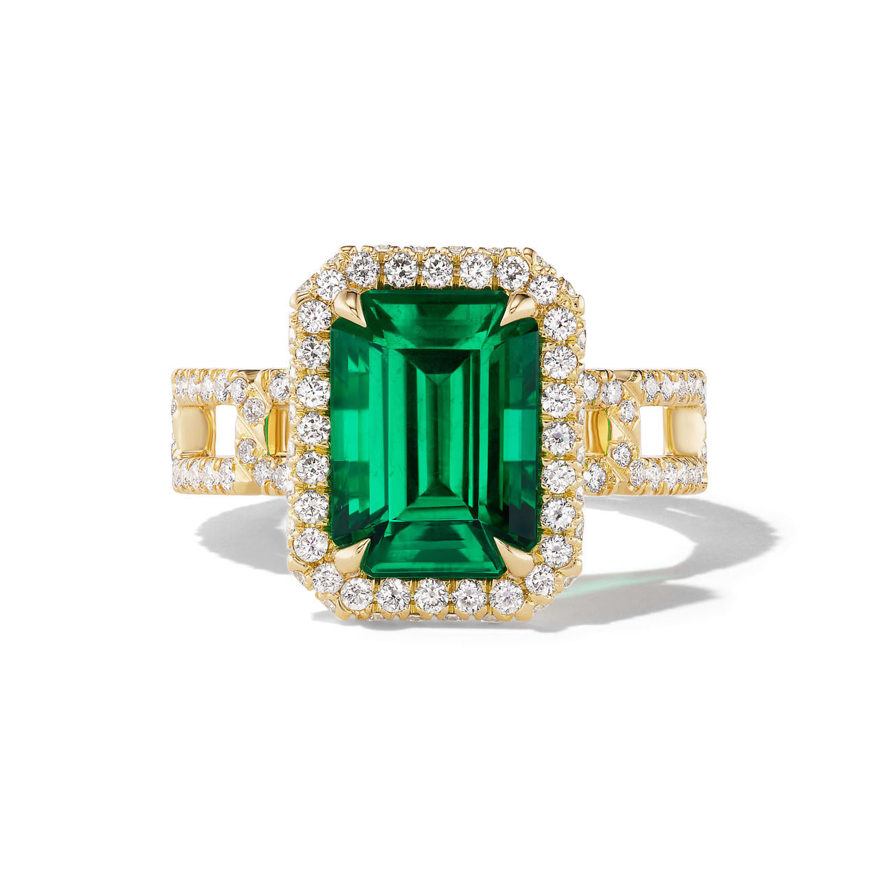 EMERALD CUT DIAMOND ENGAGEMENT RING WITH A WRAPPED HALO 8 PAVE LINKS SETTING IN 18K YELLOW GOLD