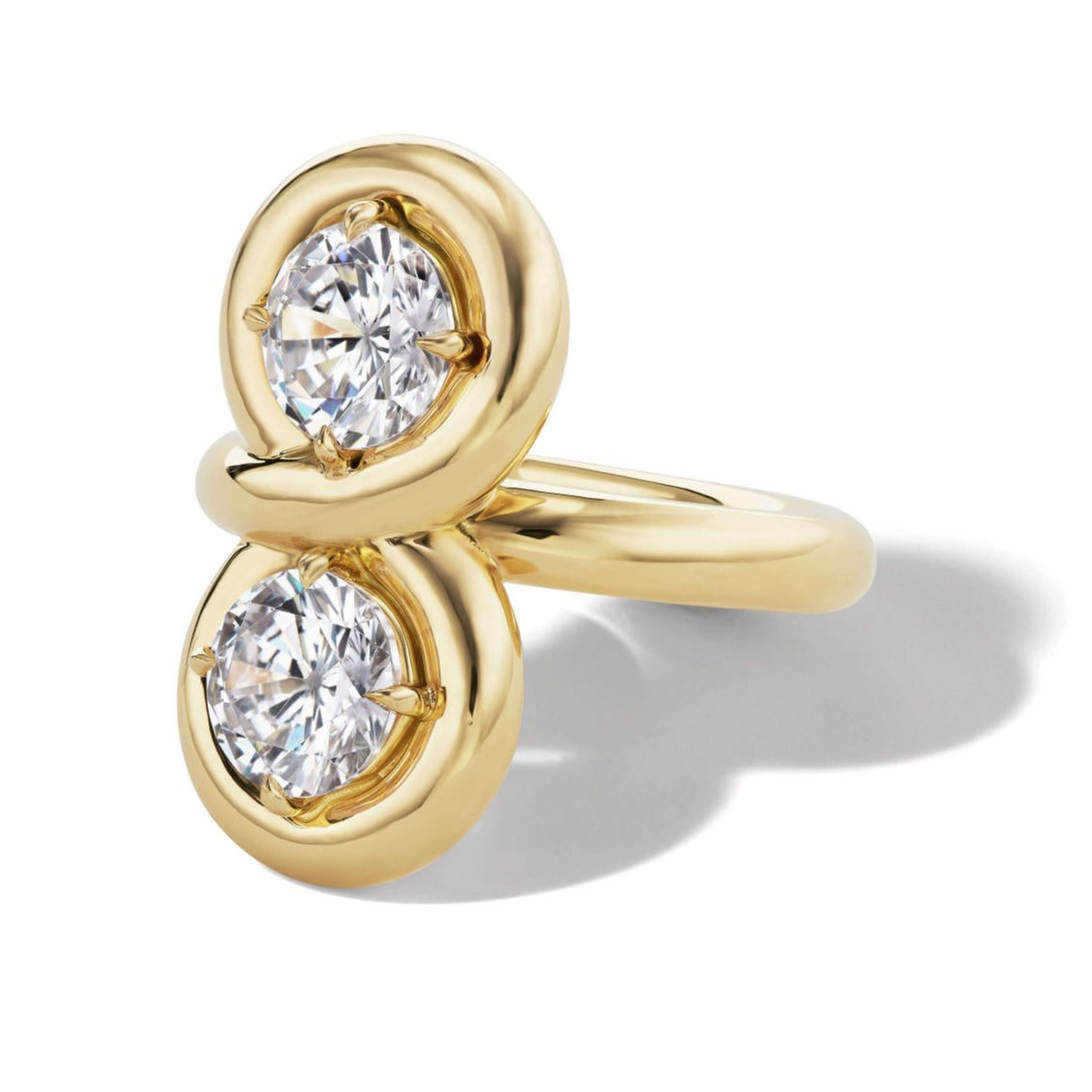 two stone toi et moi engagement ring with endless gold halo and round brilliant diamonds in 18 karat yellow gold; modern moi et toi ring; toi et moi ring