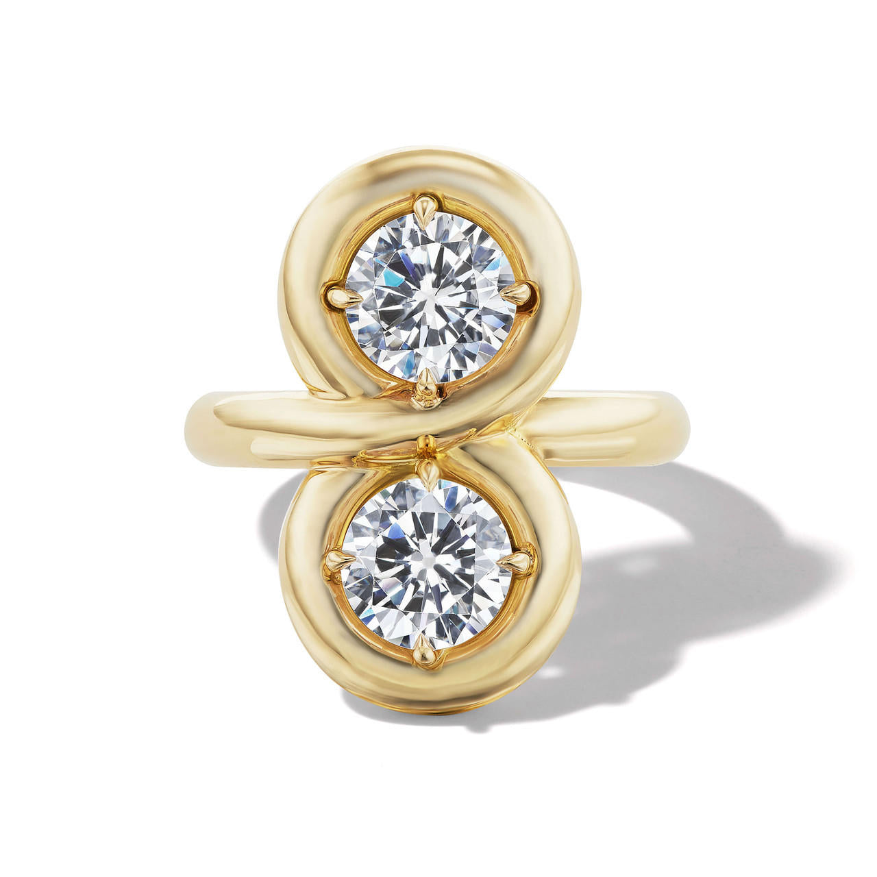 two stone toi et moi engagement ring with endless gold halo and round brilliant diamonds in 18 karat yellow gold; modern moi et toi ring; toi et moi ring