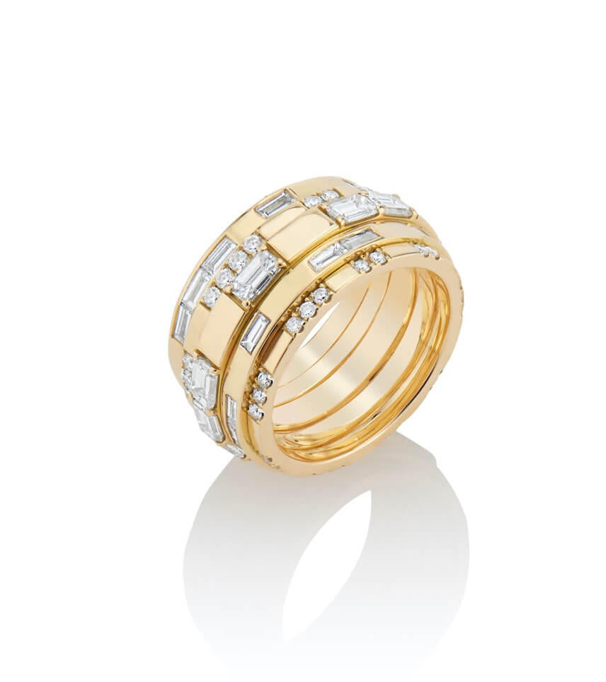 tiered eternity band with emerald cut diamonds and baguette diamonds in 18 karat yellow gold