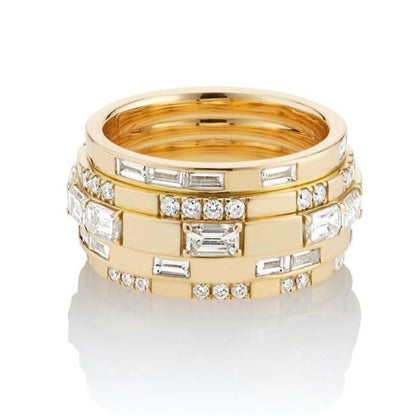 tiered eternity band with emerald cut diamonds and baguette diamonds in 18 karat yellow gold