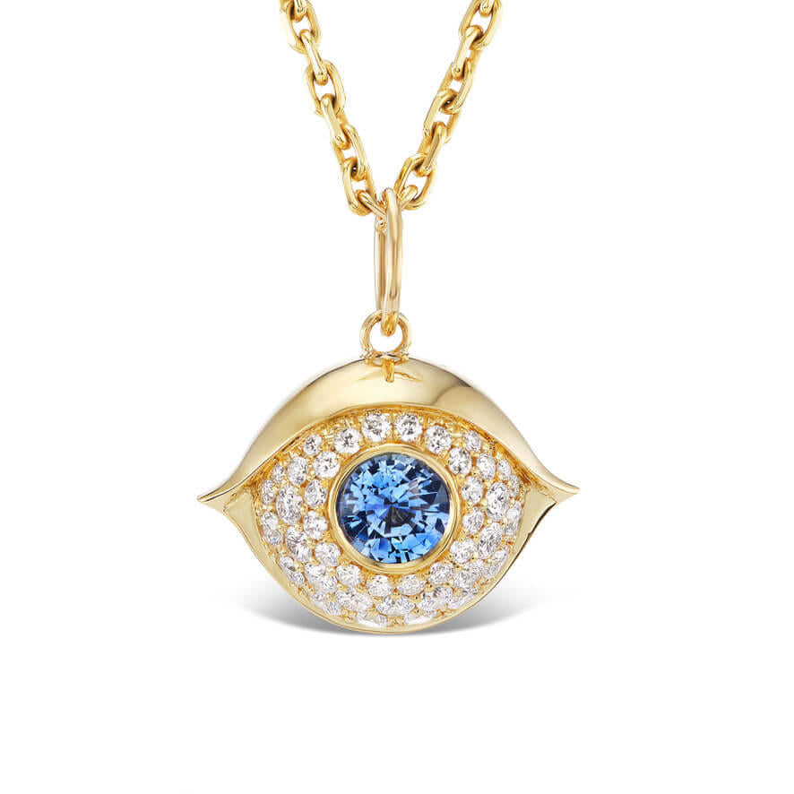 Sapphire and diamond evil eye necklace in 18k yellow gold