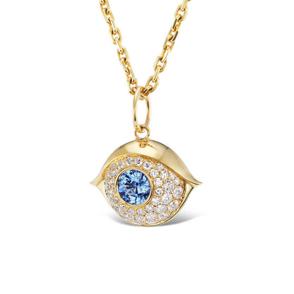 Sapphire and diamond evil eye necklace in 18k yellow gold