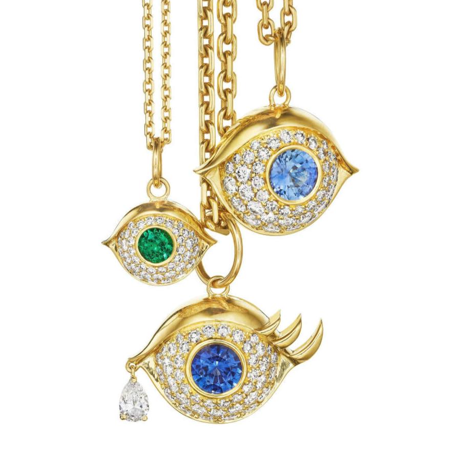 Gold, diamond and emerald evil eye necklace