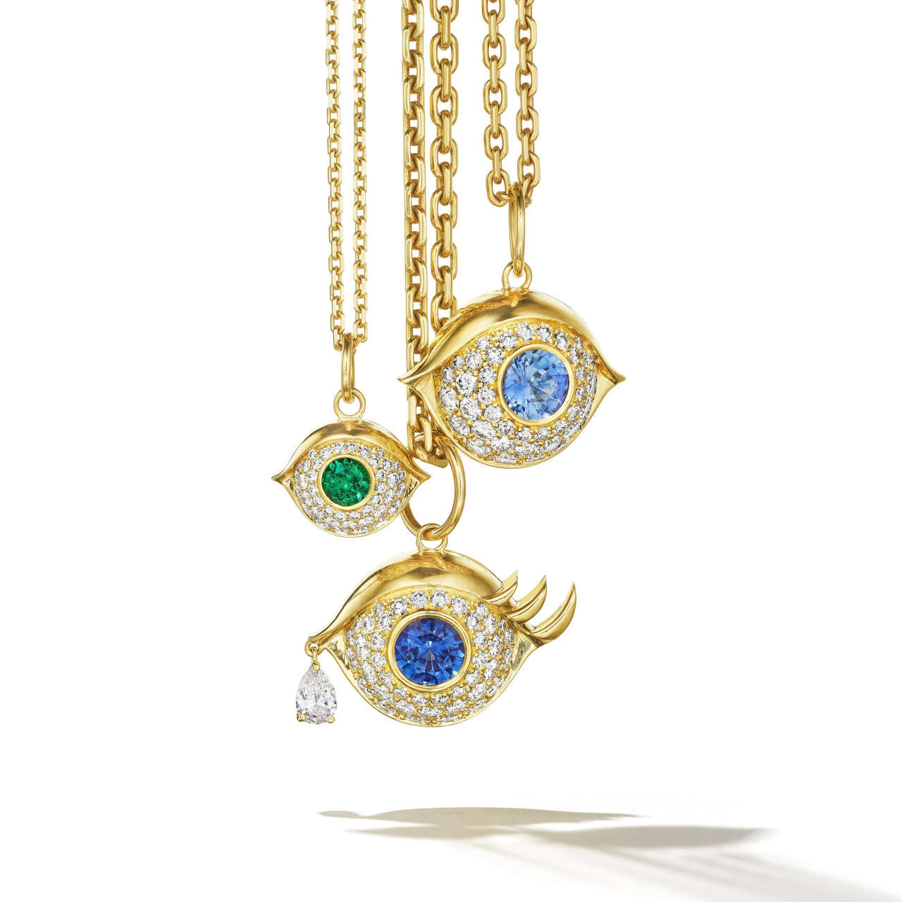 Sapphire and diamond evil eye necklace in 18k yellow gold