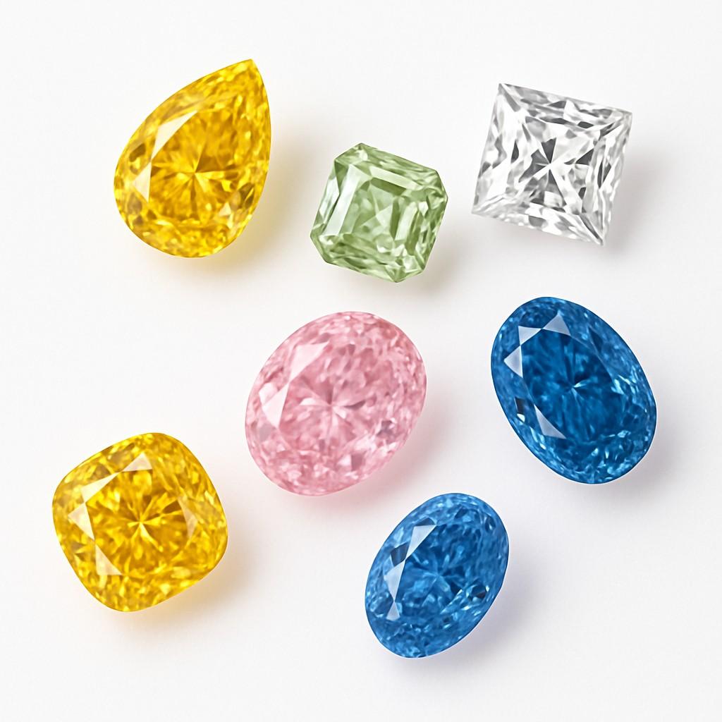 Collection of diamonds in yellow, blue, pink, white, and green, displayed in various shapes against a plain background.