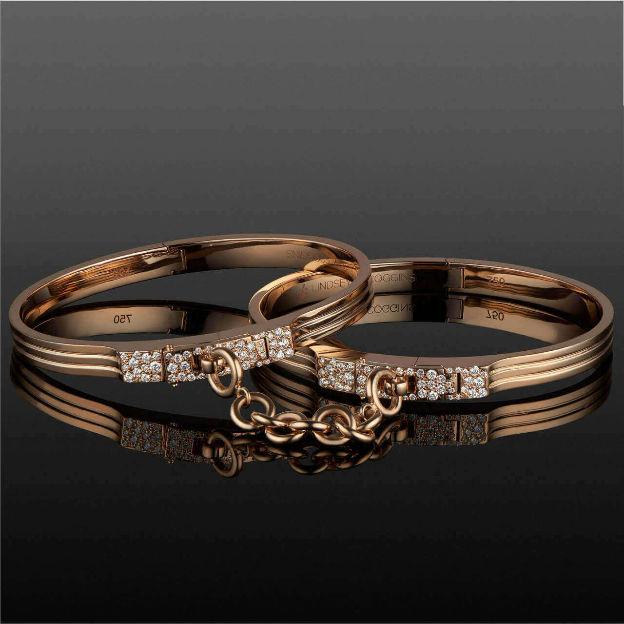 triple secure oath handcuff bangles in 18 karat rose gold with pave diamond accents on the latches; double cuff bracelet