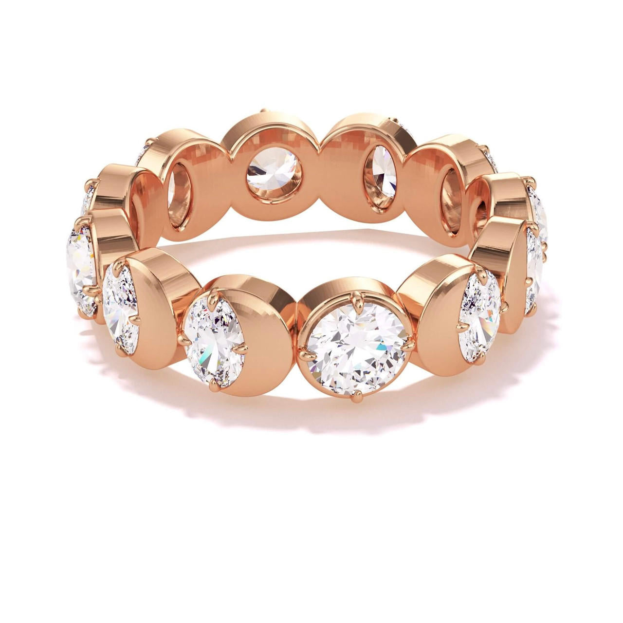 Diamond moon ring with round and ovals diamonds in rose gold