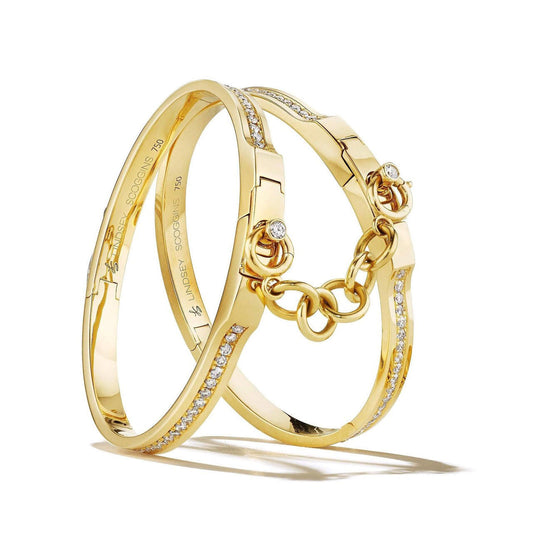 Oath double cuffs with pave diamond row and bezel diamond pushers in 18k yellow gold