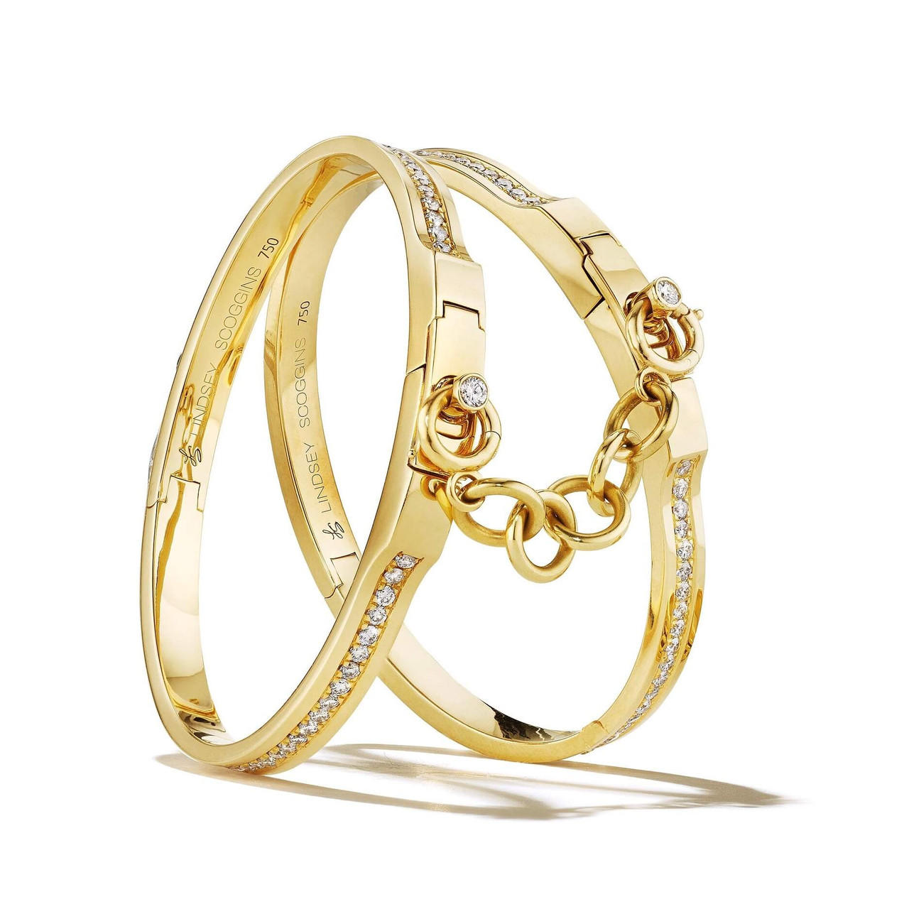 Oath double cuffs with pave diamond row and bezel diamond pushers in 18k yellow gold