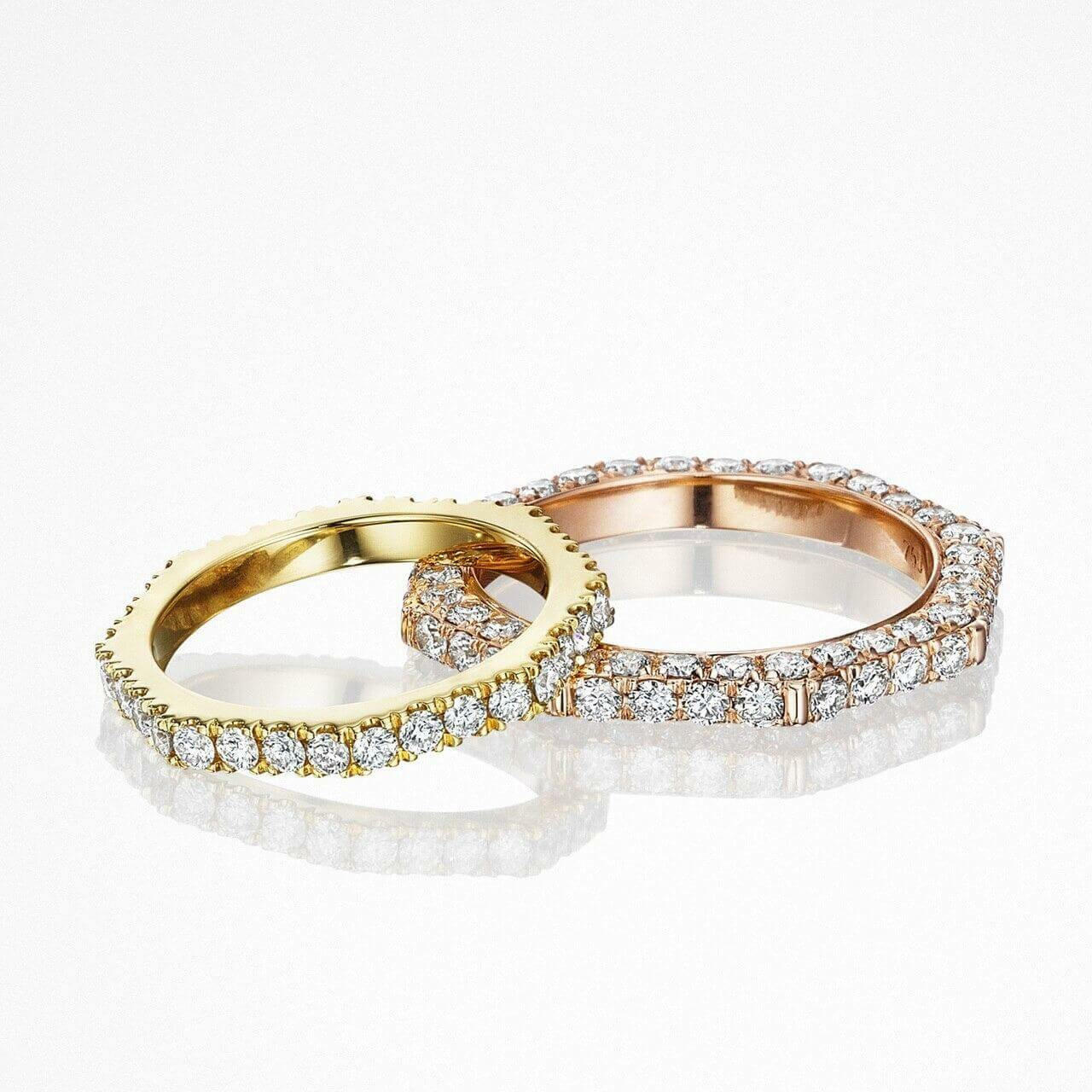 pave diamond yellow gold and rose gold bands from the Still collection