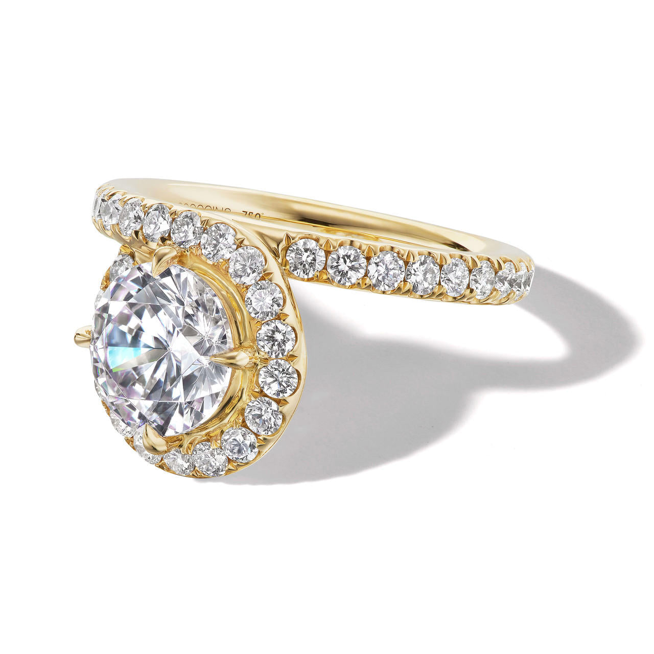 Slim Endless Loop 1.75mm halo setting engagement ring with pave diamond row in 18k yellow gold