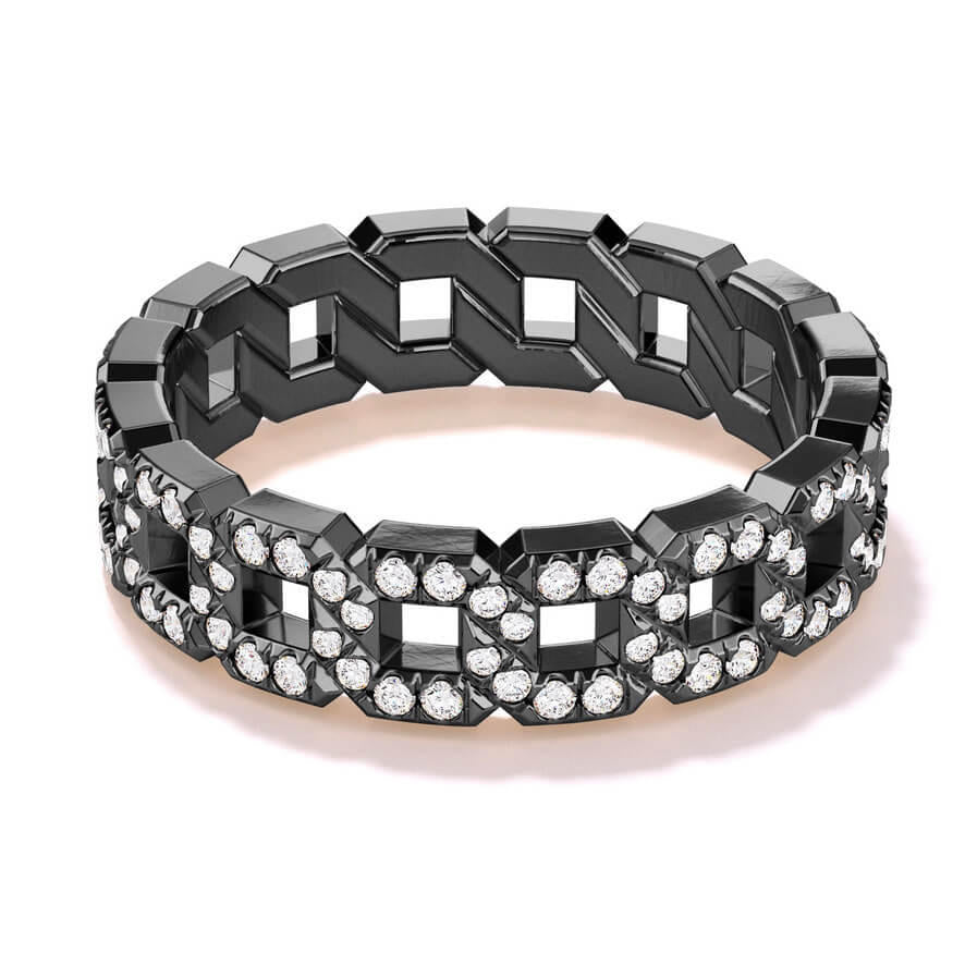 chain link diamond ring pave 16 link band in black rhodium over 18k white gold