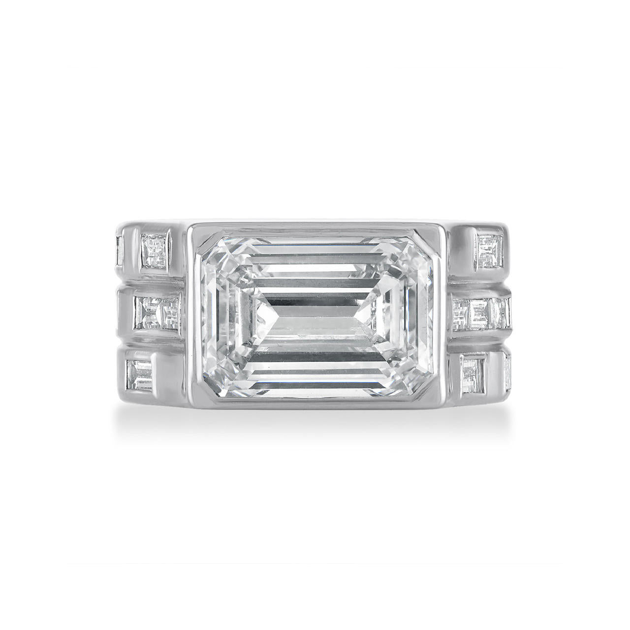 East West Engagement Ring - Bezel Set Emerald Cut Diamond Ring