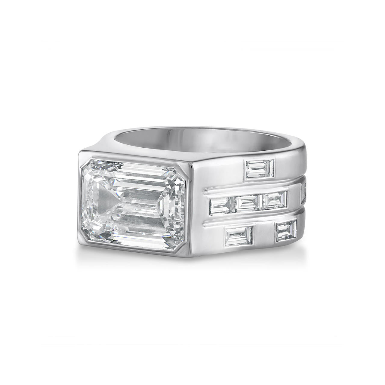 East West Engagement Ring - Bezel Set Emerald Cut Diamond Ring