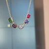 Custom Birthstone Necklace featuring five multi-colored bezel set gemstones to represent loved ones.