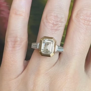Emerald Cut Bezel Set Engagement Ring with Tapered Baguettes Two Tone