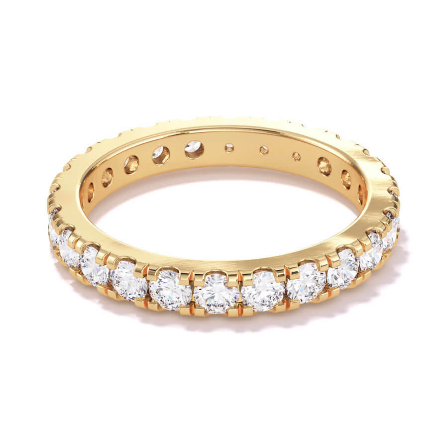 2.5mm round brilliant diamond eternity band in 18k yellow gold; 1.5 carat diamond eternity band