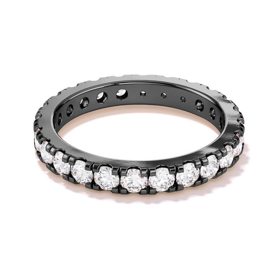 2.5mm round brilliant diamond eternity band in black rhodium over 18k white gold; 1.5 carat diamond eternity band