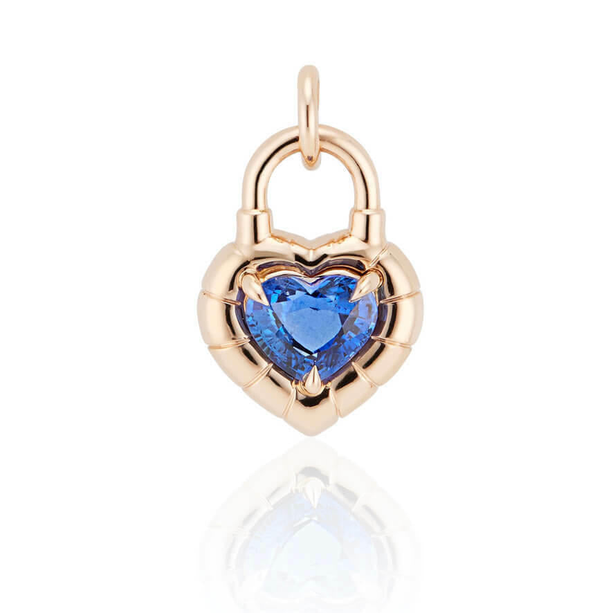 heart shaped sapphire padlock pendant in 18 karat gold front view; sapphire heart pendant