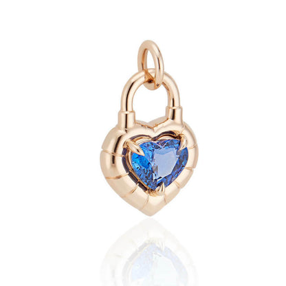 heart shaped sapphire padlock pendant in 18 karat gold front view; sapphire heart pendant