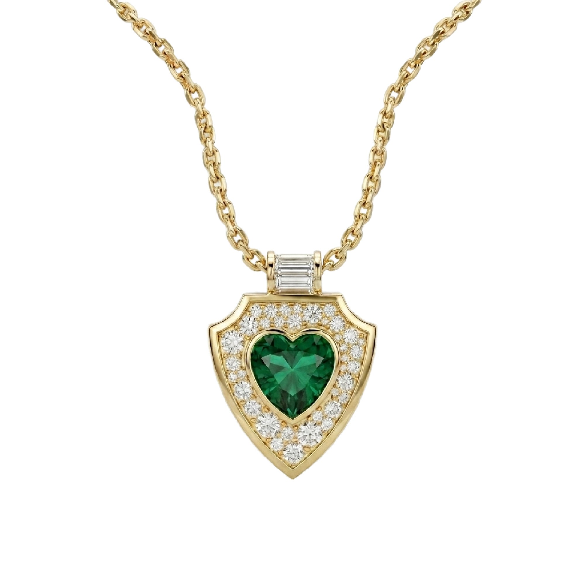 SHIELD PENDANT NECKLACE WITH HEART SHAPED GREEN TOURMALINE