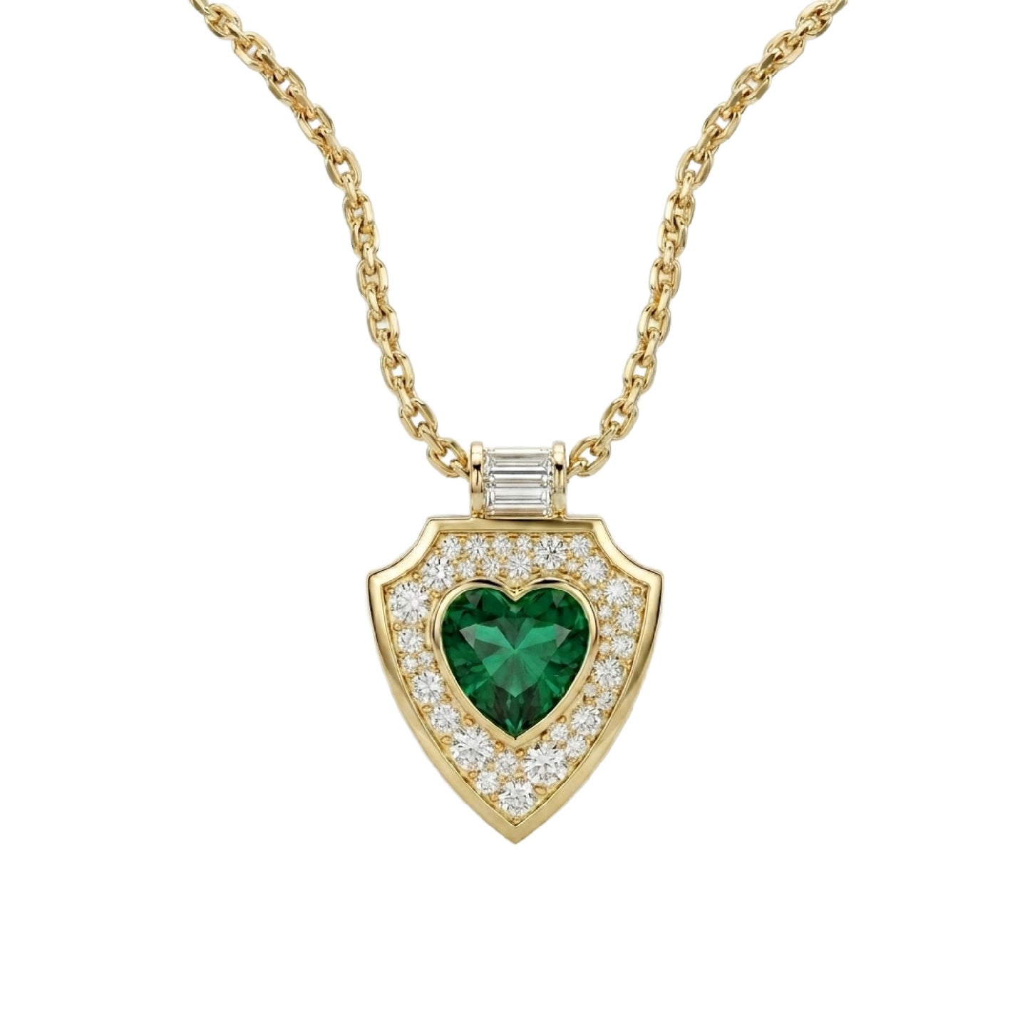 SHIELD PENDANT NECKLACE WITH HEART SHAPED GREEN TOURMALINE