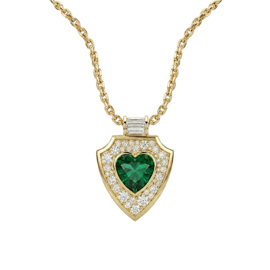 SHIELD PENDANT NECKLACE WITH HEART SHAPED GREEN TOURMALINE