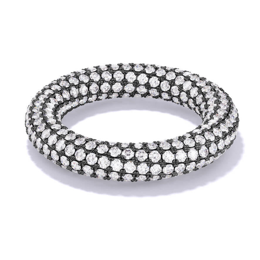 twisted diamond eternity band with 2 rows of entwined pave diamonds that form eight sides in black rhodium over 18k white gold